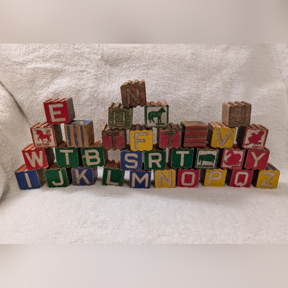 Toys | Vintage Set Of 32 Wooden Alphabet Building Blocks | Poshmark